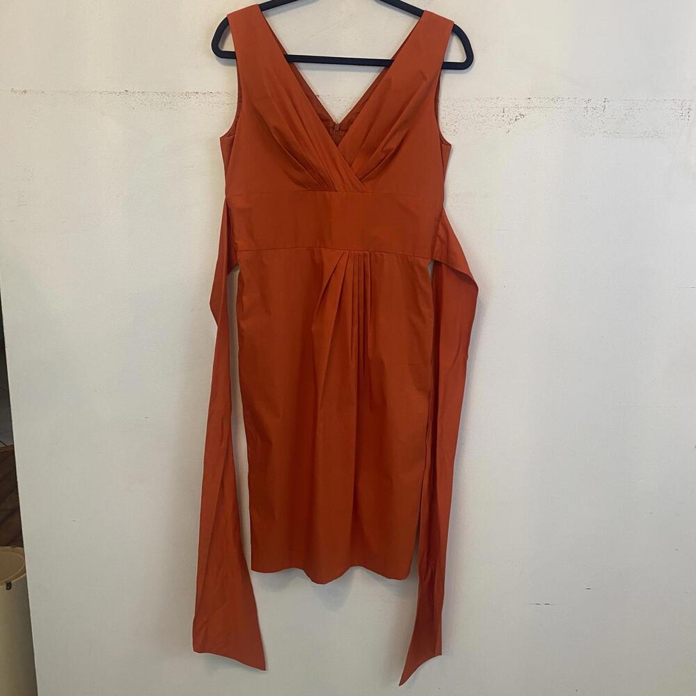 MAX MARA orange tie waist V-neck pleated dress sz 8 - Picture 7 of 8